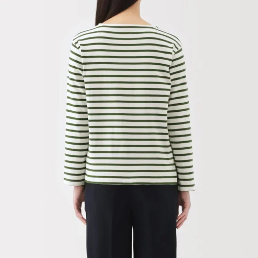 Outlet Women's Heavy Weight Boat Neck Long Sleeve Striped T-Shirt Women T-Shirts