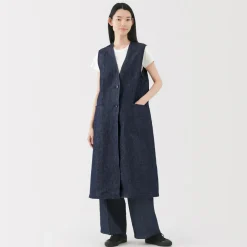 New Women's Hemp Blend Denim Long Gilet Women Tops & Shirts