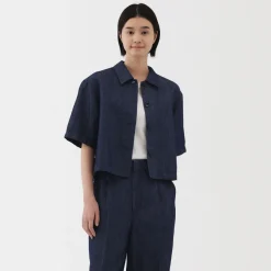 Fashion Women's Hemp Blend Denim Short Sleeve Shirt Women Tops & Shirts