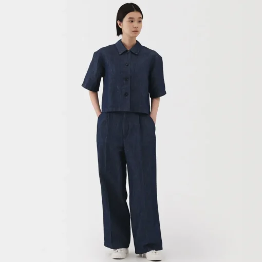 Fashion Women's Hemp Blend Denim Short Sleeve Shirt Women Tops & Shirts