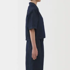 Fashion Women's Hemp Blend Denim Short Sleeve Shirt Women Tops & Shirts
