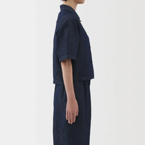 Fashion Women's Hemp Blend Denim Short Sleeve Shirt Women Tops & Shirts