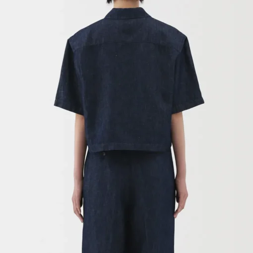Fashion Women's Hemp Blend Denim Short Sleeve Shirt Women Tops & Shirts