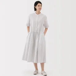 Hot Women's Hemp Cotton Short Sleeve Striped Dress Women Dresses