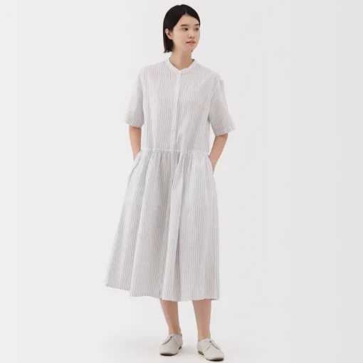 Hot Women's Hemp Cotton Short Sleeve Striped Dress Women Dresses