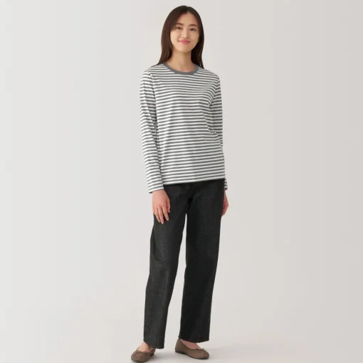 New Women's Jersey Crew Neck Long Sleeve Striped T-Shirt Women T-Shirts