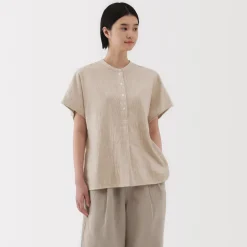 New Women's Kapok Blend Double Gauze Short Sleeve Striped Blouse Women Tops & Shirts