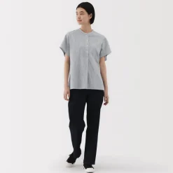 New Women's Kapok Blend Double Gauze Short Sleeve Striped Blouse Women Tops & Shirts