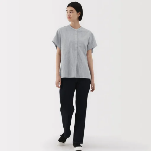 New Women's Kapok Blend Double Gauze Short Sleeve Striped Blouse Women Tops & Shirts