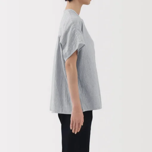 New Women's Kapok Blend Double Gauze Short Sleeve Striped Blouse Women Tops & Shirts