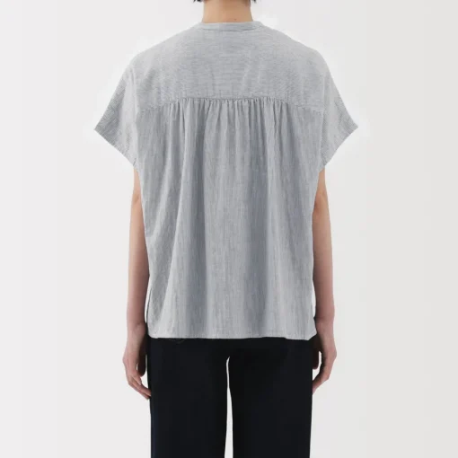 New Women's Kapok Blend Double Gauze Short Sleeve Striped Blouse Women Tops & Shirts