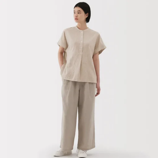 New Women's Kapok Blend Double Gauze Short Sleeve Striped Blouse Women Tops & Shirts