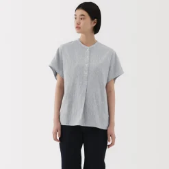 New Women's Kapok Blend Double Gauze Short Sleeve Striped Blouse Women Tops & Shirts
