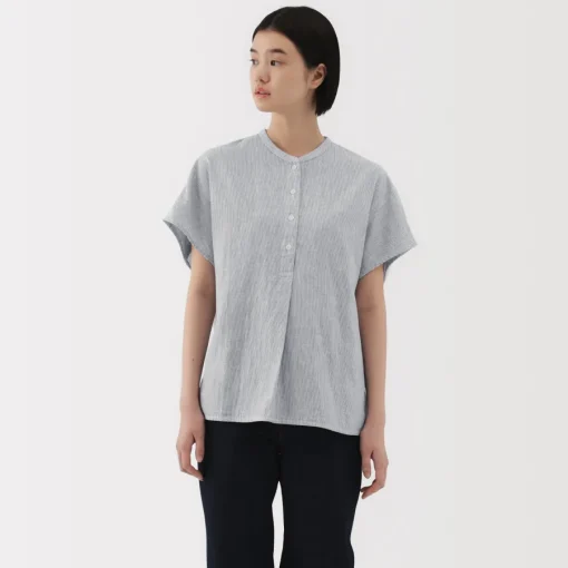 New Women's Kapok Blend Double Gauze Short Sleeve Striped Blouse Women Tops & Shirts