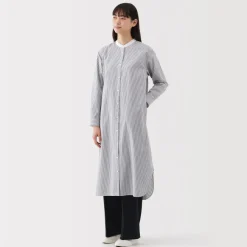 Outlet Women's Washed Broadcloth Stand Collar Long Sleeve Striped Dress Women Dresses