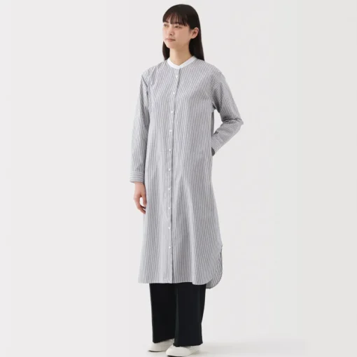 Outlet Women's Washed Broadcloth Stand Collar Long Sleeve Striped Dress Women Dresses