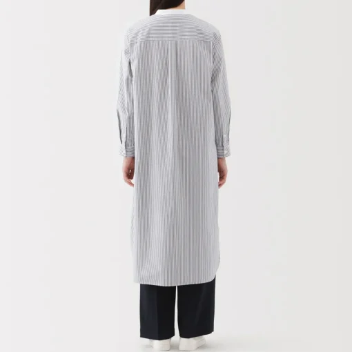 Outlet Women's Washed Broadcloth Stand Collar Long Sleeve Striped Dress Women Dresses