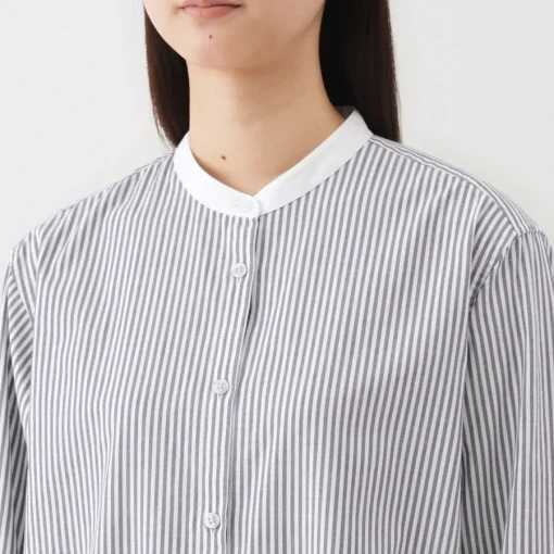 Outlet Women's Washed Broadcloth Stand Collar Long Sleeve Striped Dress Women Dresses