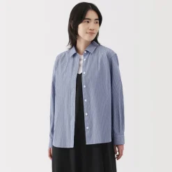Clearance Women's Washed Broadcloth Regular Collar Long Sleeve Striped Shirt Women Tops & Shirts