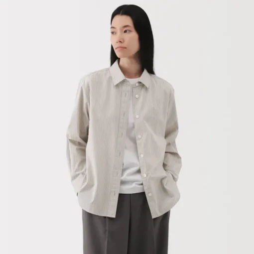 Clearance Women's Washed Broadcloth Regular Collar Long Sleeve Striped Shirt Women Tops & Shirts