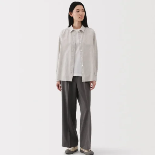 Clearance Women's Washed Broadcloth Regular Collar Long Sleeve Striped Shirt Women Tops & Shirts