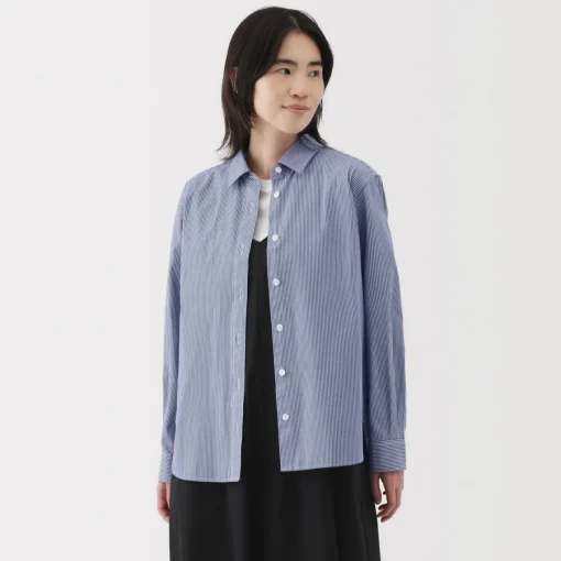 Clearance Women's Washed Broadcloth Regular Collar Long Sleeve Striped Shirt Women Tops & Shirts