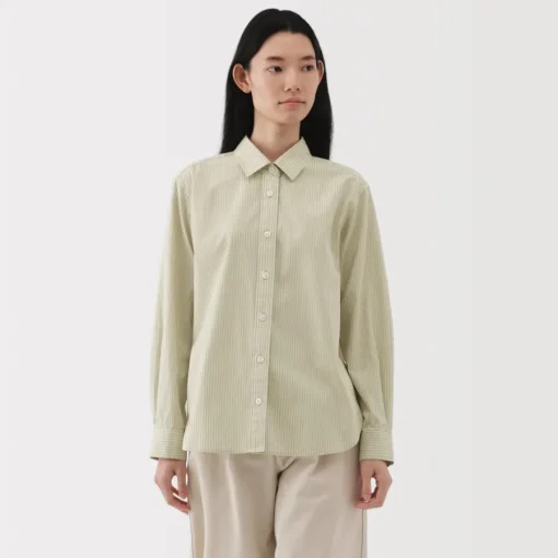 Clearance Women's Washed Broadcloth Regular Collar Long Sleeve Striped Shirt Women Tops & Shirts