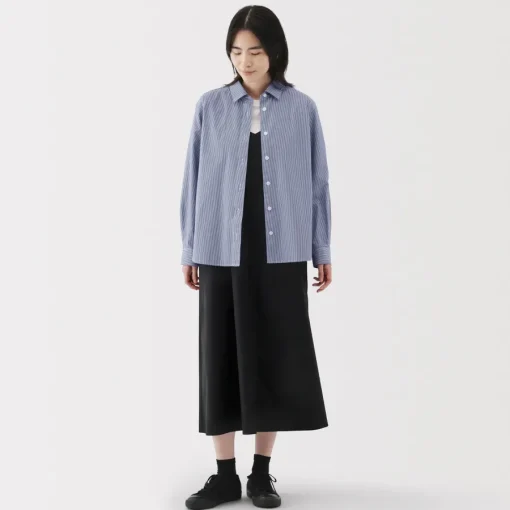 Clearance Women's Washed Broadcloth Regular Collar Long Sleeve Striped Shirt Women Tops & Shirts