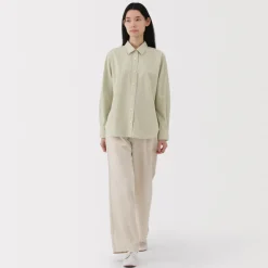 Clearance Women's Washed Broadcloth Regular Collar Long Sleeve Striped Shirt Women Tops & Shirts