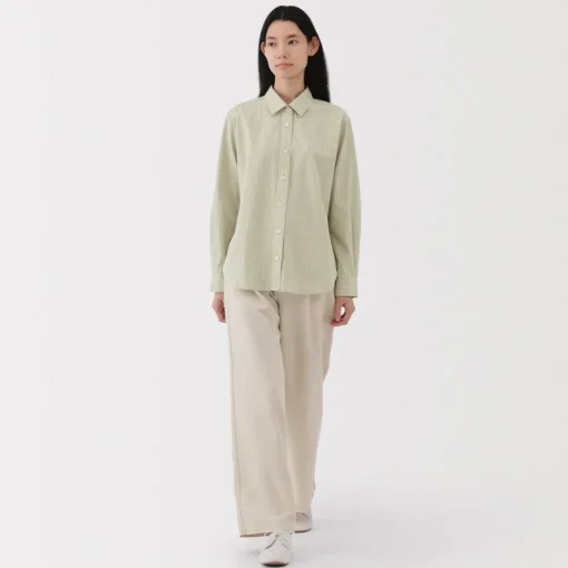 Clearance Women's Washed Broadcloth Regular Collar Long Sleeve Striped Shirt Women Tops & Shirts