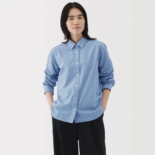 Clearance Women's Washed Broadcloth Regular Collar Long Sleeve Striped Shirt Women Tops & Shirts
