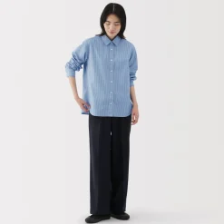 Clearance Women's Washed Broadcloth Regular Collar Long Sleeve Striped Shirt Women Tops & Shirts