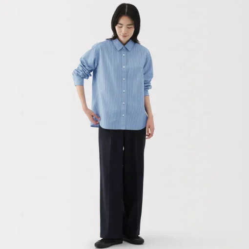 Clearance Women's Washed Broadcloth Regular Collar Long Sleeve Striped Shirt Women Tops & Shirts