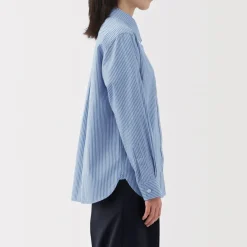 Clearance Women's Washed Broadcloth Regular Collar Long Sleeve Striped Shirt Women Tops & Shirts