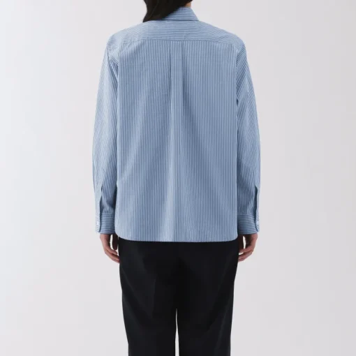 Clearance Women's Washed Broadcloth Regular Collar Long Sleeve Striped Shirt Women Tops & Shirts