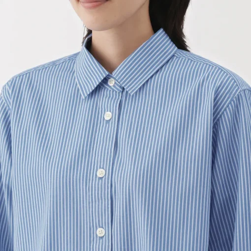 Clearance Women's Washed Broadcloth Regular Collar Long Sleeve Striped Shirt Women Tops & Shirts